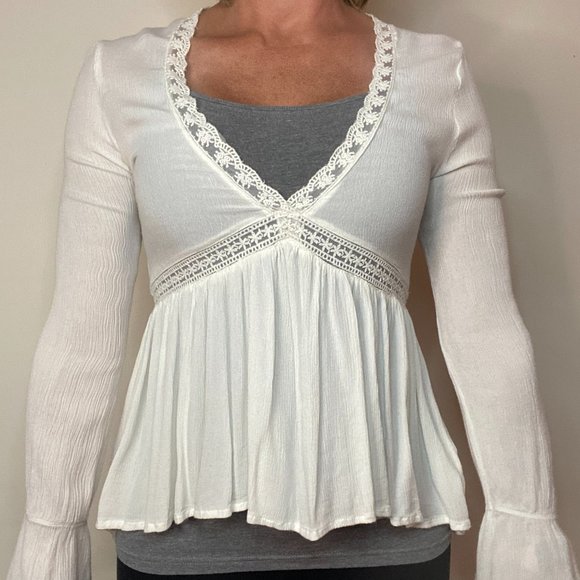 Blouse, White with lace, Fitted - Picture 1 of 6